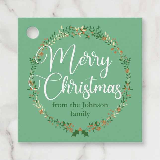 Étiquettes Cadeau Joyeux Noël jolie couronne verte cadeau personnali (Devant)