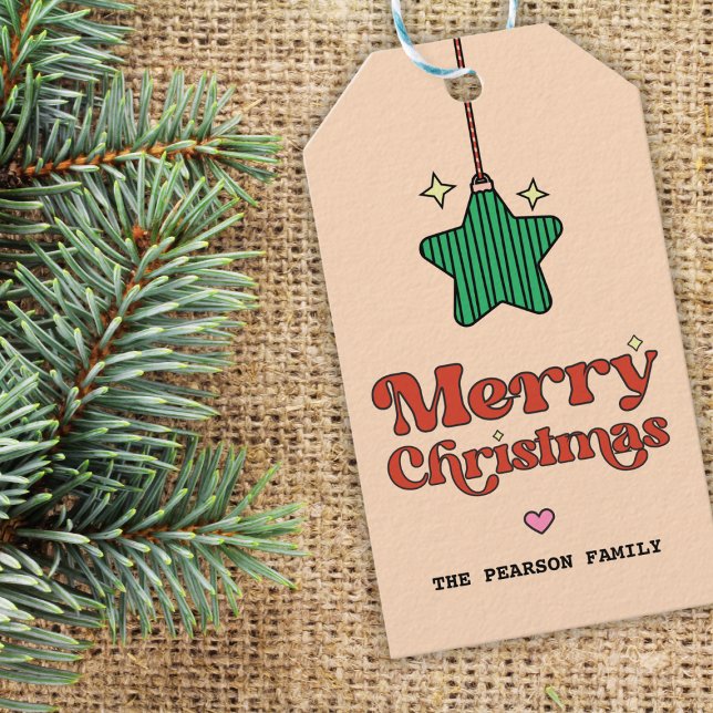 Étiquettes-cadeau Joyeux Noël Ligne Motif Star Ornement (cute retro sparkly green star ornament merry christmas gift tag)