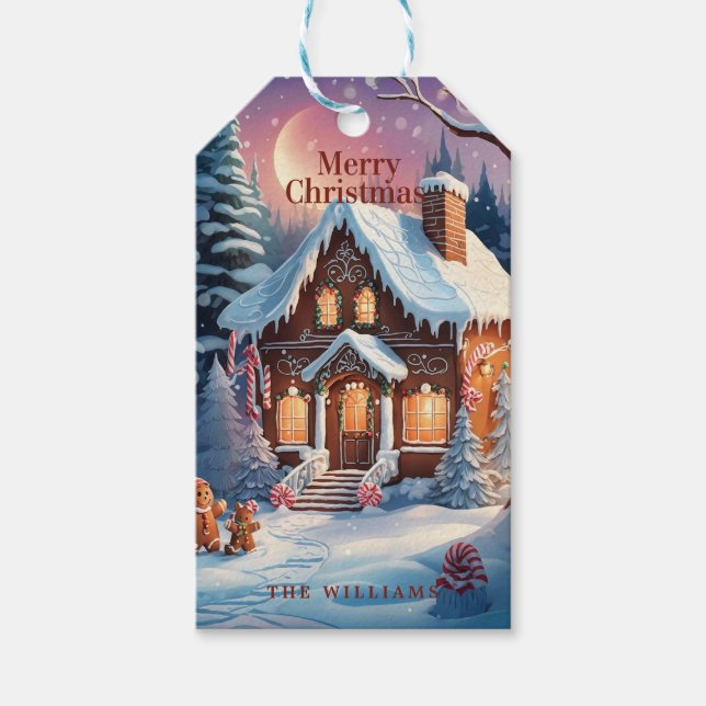 Étiquettes-cadeau Joyeux Noël Maison en Pain d'Épice Neige Marron (Devant)