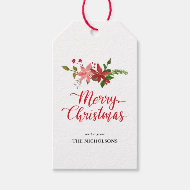 Étiquettes-cadeau Joyeux Noël manuscrit Script Poinsettia (Devant)