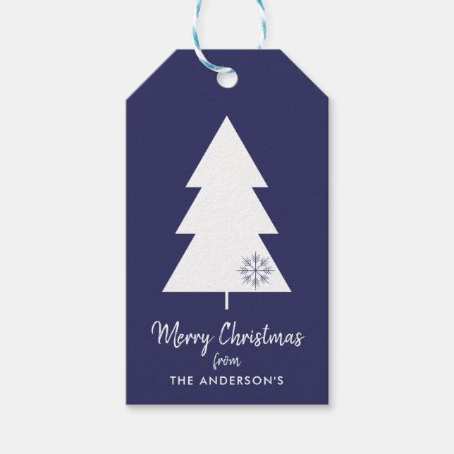 Étiquettes-cadeau Joyeux Noël Marine Bleu Blanc Arbre de Noël (Devant)