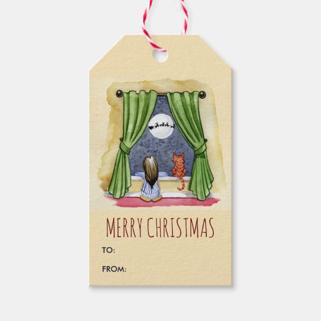 Étiquettes-cadeau Joyeux Noël mignon Enfant & Kitty Chat Noël (Devant)