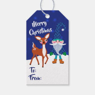 Étiquettes-cadeau Joyeux Noël Minuit Bleu Gnome mignonne Cerf