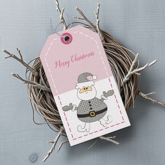 Étiquettes-cadeau Joyeux Noël Mode Houndstooth Motif Père Noël (Créateur téléchargé)