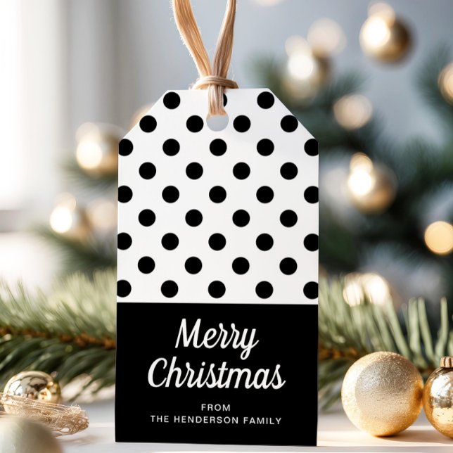 Étiquettes-cadeau Joyeux Noël moderne noir et blanc (Black And White Polka Dots Merry Christmas Gift Tags)