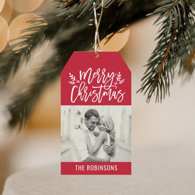 Étiquettes-cadeau Joyeux Noël moderne photo de script rouge (Créateur téléchargé)