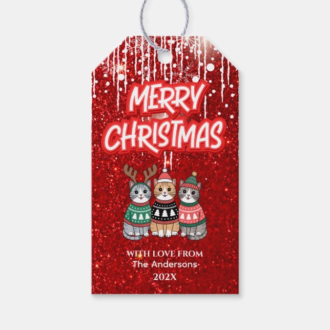 Étiquettes-cadeau Joyeux Noël moderne Red Cute Cats (Devant)