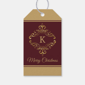 Étiquettes-cadeau Joyeux Noël Monogramme Élégant Bordeaux Or
