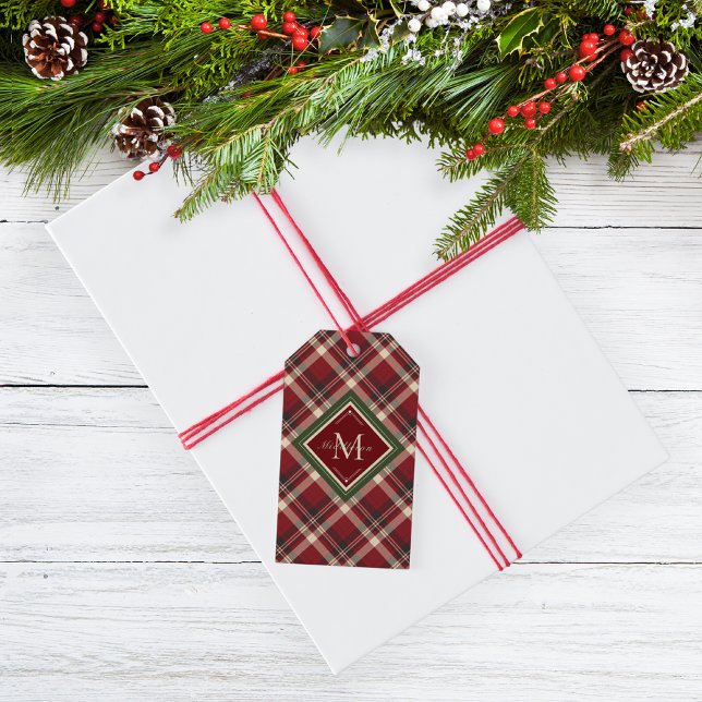 Étiquettes-cadeau Joyeux Noël Monogramme Rouge Plaid Noël (Créateur téléchargé)