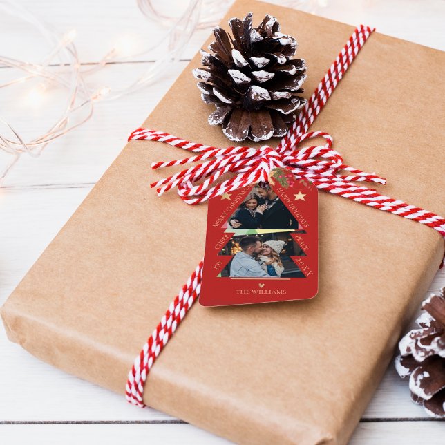 Étiquettes-cadeau Joyeux Noël Multi Photo Tree Red Holiday (Merry Christmas Multi Photo Tree Red Holiday Gift Tags)