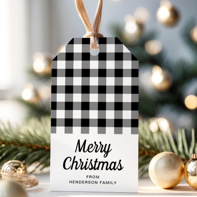 Étiquettes-cadeau Joyeux Noël noir et blanc Chèques (Merry Christmas Black And White Checks Gift Tags)