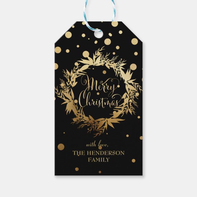 Étiquettes-cadeau Joyeux Noël noir Eucalyptus Wreath (Devant)