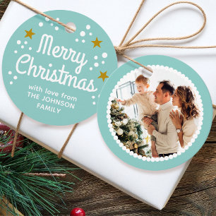 Étiquettes Cadeau Joyeux Noël Nom de la photo Simple Green Round Cad