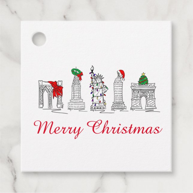 Étiquettes Cadeau Joyeux Noël NYC Bâtiments Points de repère Fête (Devant)