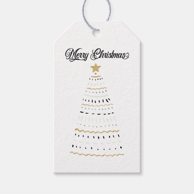 Étiquettes-cadeau Joyeux Noël Or et Arbre Stylisé Noir | (Devant)