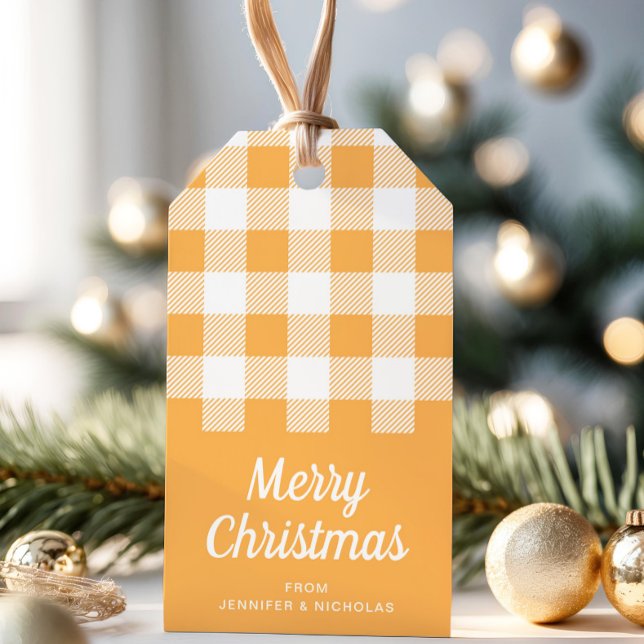 Étiquettes-cadeau Joyeux Noël orange moderne (Modern Orange Plaid Merry Christmas Gift Tags)