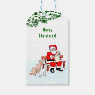 Étiquettes-cadeau Joyeux Noël! Père Noël avec chat et chien