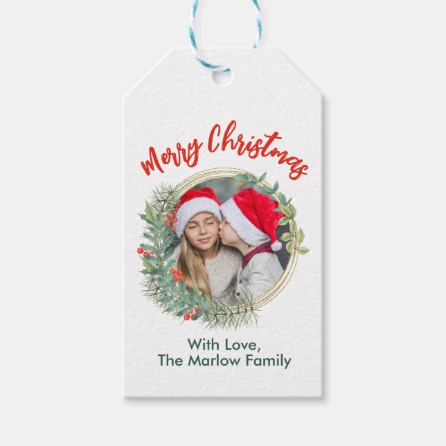 Étiquettes-cadeau Joyeux Noël personnalisé Ajouter votre photo Wreat (Devant)