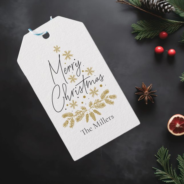 Étiquettes-cadeau Joyeux Noël personnalisé, Arbre à flocon d'or (Créateur téléchargé)