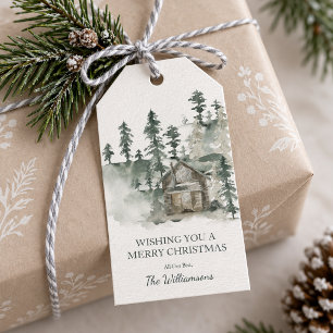 Étiquettes-cadeau Joyeux Noël personnalisé Cabane rustique en bois