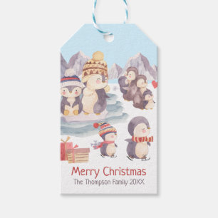Étiquettes-cadeau Joyeux Noël Pingouin Famille Jouer La Neige