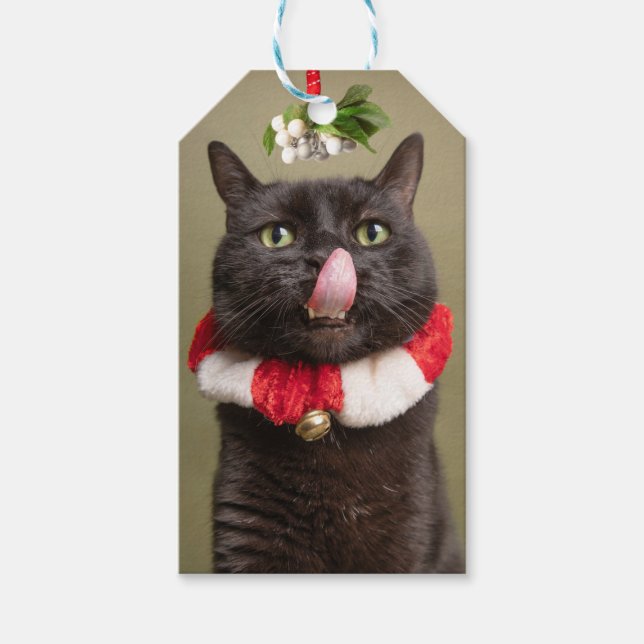 Étiquettes-cadeau Joyeux Noël Pour N'Importe Qui Chat Sous Mistletoe (Devant)