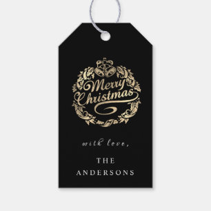 Étiquettes-cadeau Joyeux Noël Pour Nommer Wreath Royal Black Gold