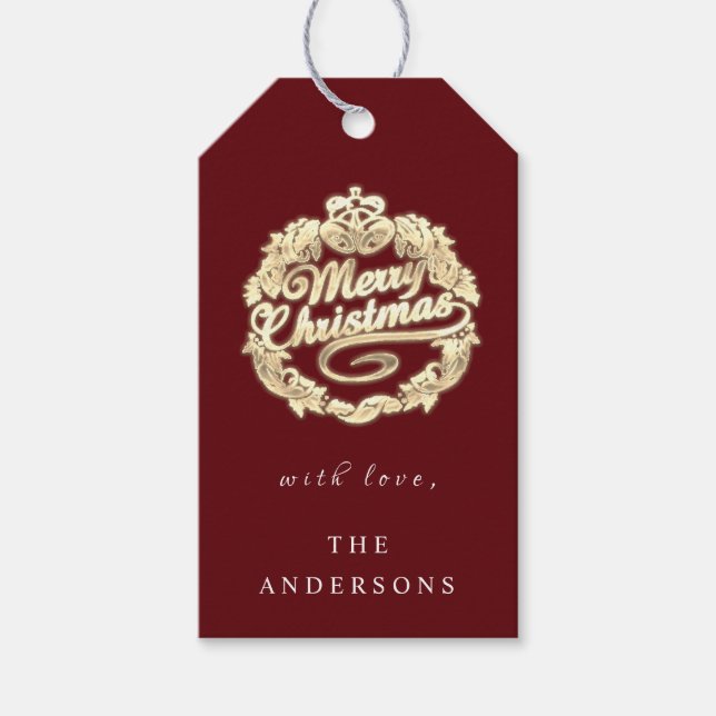 Étiquettes-cadeau Joyeux Noël Pour Nommer Wreath Royal Burgundy (Devant)