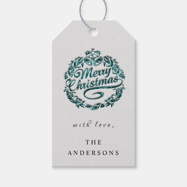 Étiquettes-cadeau Joyeux Noël Pour Nommer Wreath Turquoise Bells Gre (Devant)