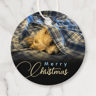 Étiquettes Cadeau Joyeux Noël Puppy Photo Plaid Blanche