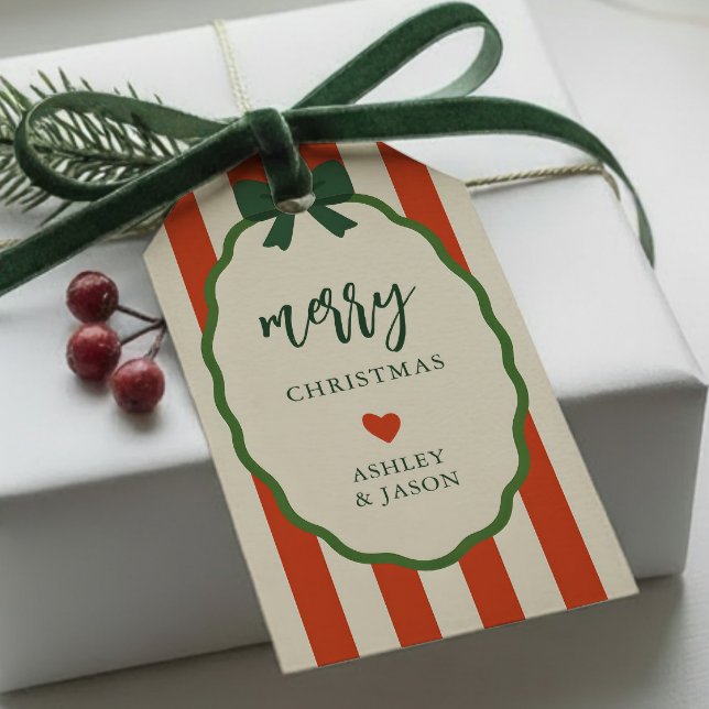Étiquettes-cadeau Joyeux Noël rayé chic rouge et vert rétro (Créateur téléchargé)