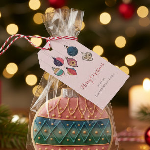 Étiquettes-cadeau Joyeux Noël rose serrant les ornements Vintages de