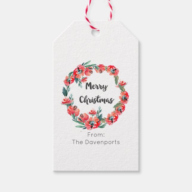 Étiquettes-cadeau Joyeux Noël Rouge Floral Aquarelle Wreath (Devant)