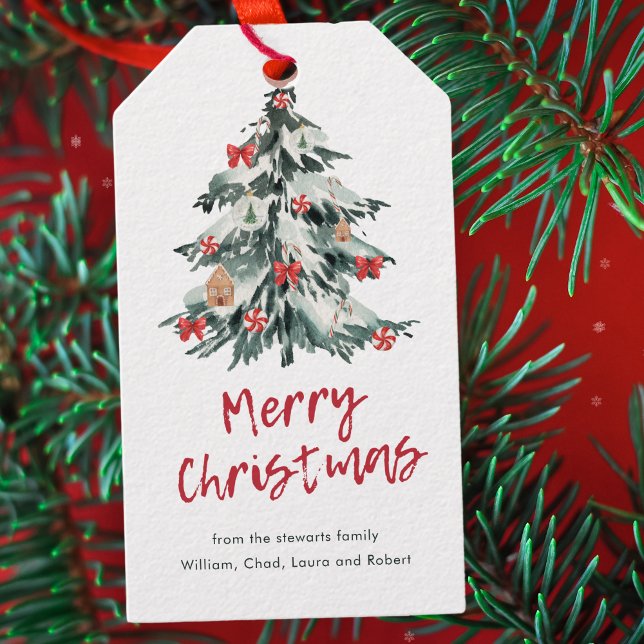 Étiquettes-cadeau Joyeux Noël Rouge moderne Arbre de Noël Chic (Créateur téléchargé)