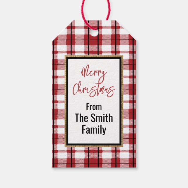 Étiquettes-cadeau Joyeux Noël Rouge Noir Blanc Plaid Minimal (Devant)