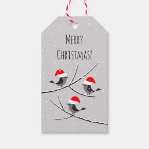Étiquettes-cadeau Joyeux Noël Rouge Père Noël Chapeau Oiseaux neige