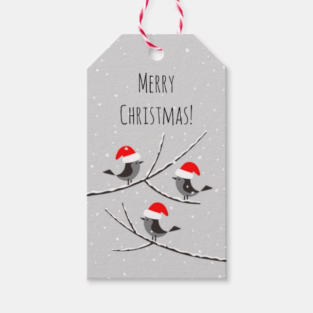 Étiquettes-cadeau Joyeux Noël Rouge Père Noël Chapeau Oiseaux neige  (Devant)