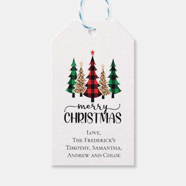 Étiquettes-cadeau Joyeux Noël Rouge Vert Buffle Noir Arbre Plaid (Devant)