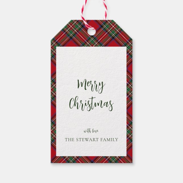 Étiquettes-cadeau Joyeux Noël Rouge Vert Plaid Stewart Tartan (Devant)