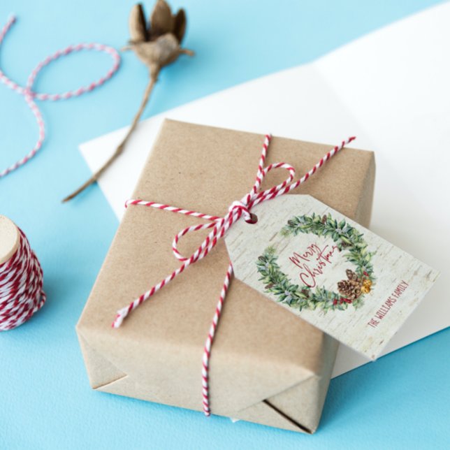 Étiquettes-cadeau Joyeux Noël rustique Script Wreath Birch Bark (Add an extra dash of sparkle and personality with these Christmas gift tags!)