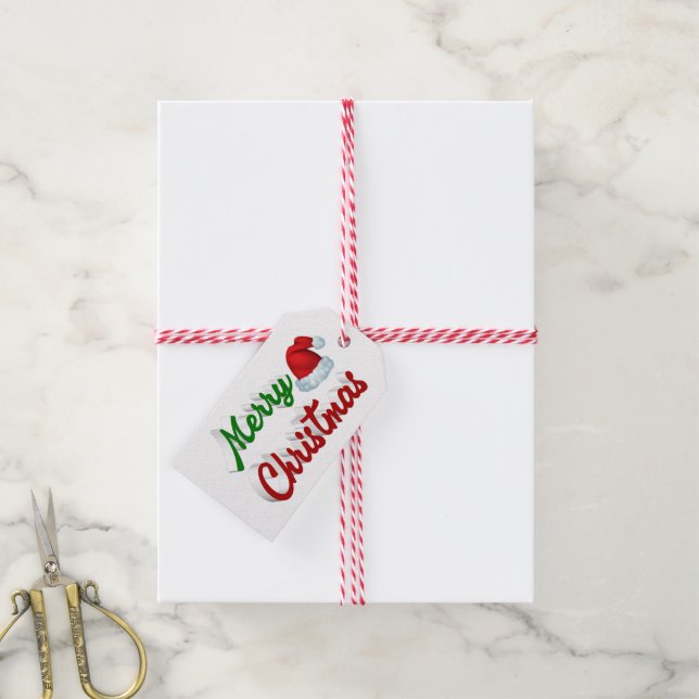 Étiquettes-cadeau Joyeux Noël Santa Chapeau rouge vert script (With Twine)