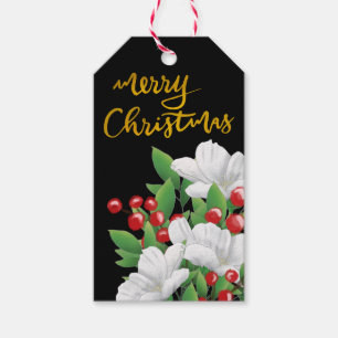 Étiquettes-cadeau Joyeux Noël Script Baies rouges Floral