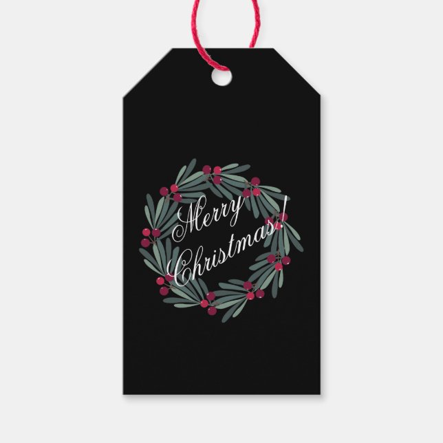 Étiquettes-cadeau Joyeux Noël Script Green Holly Wreath (Devant)