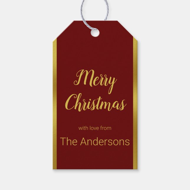 Étiquettes-cadeau Joyeux Noël Script noir rouge et or Votre nom (Devant)