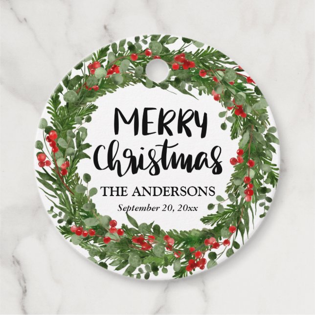 Étiquettes Cadeau Joyeux Noël Script Red Holly Feuille Wreath (Devant)