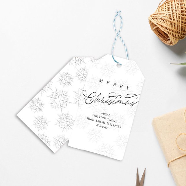 Étiquettes-cadeau Joyeux Noël Silver Calligraphie Snowflakes (Merry Christmas silver snowflake calligraphy gift tag.)