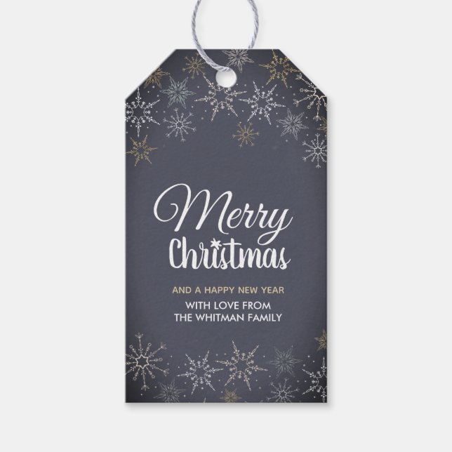 Étiquettes-cadeau Joyeux Noël Snowflakes Ardoise Gris Charbon (Devant)