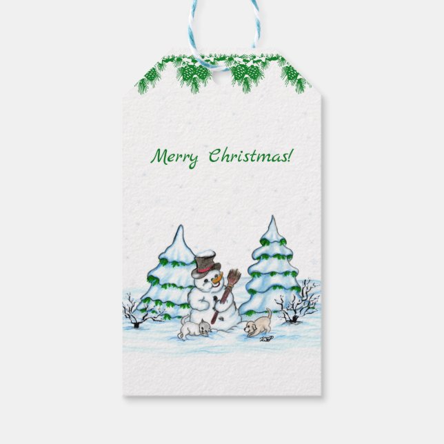 Étiquettes-cadeau Joyeux Noël ! Snowman avec chat et chiot (Dos)
