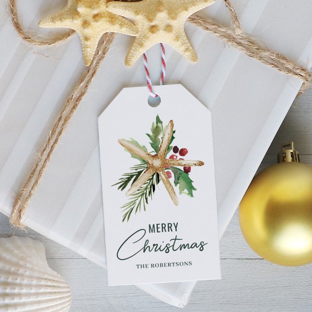 Étiquettes-cadeau Joyeux Noël Starfish Plage tropicale (Créateur téléchargé)