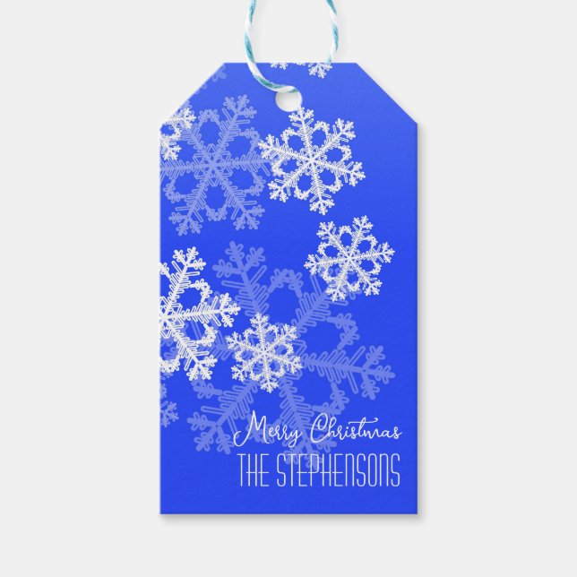 Étiquettes-cadeau Joyeux Noël Stylo Cobalt Blue Snowflakes (Devant)